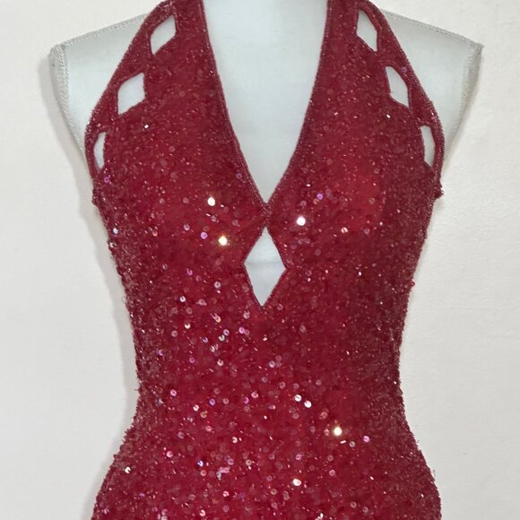 Scala Red Beaded and Sequin Halter Gown Size M - Picture 9 of 9